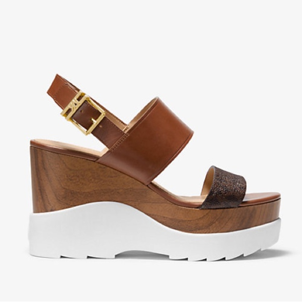 Michael Kors Brown Leather Platform Wedge Sandals with White Sole
